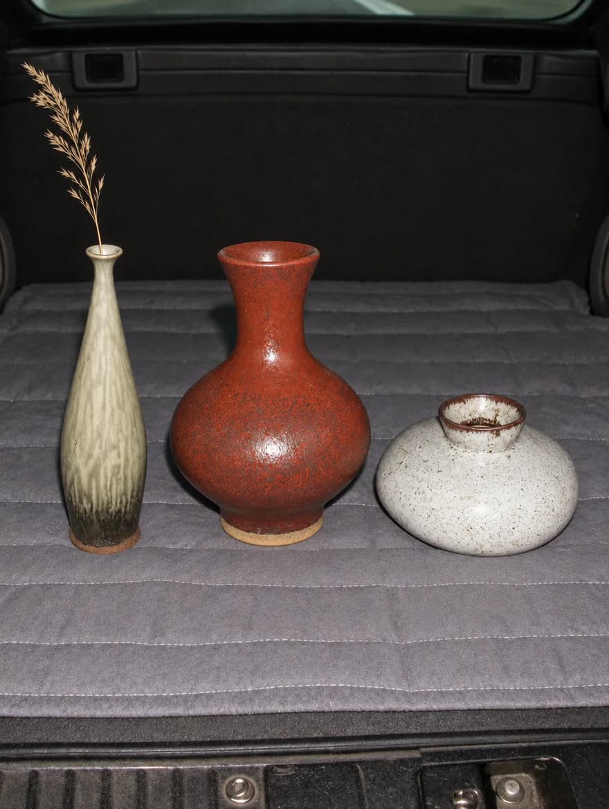 Three small stoneware vases side by side: sage, clay red and speckled white